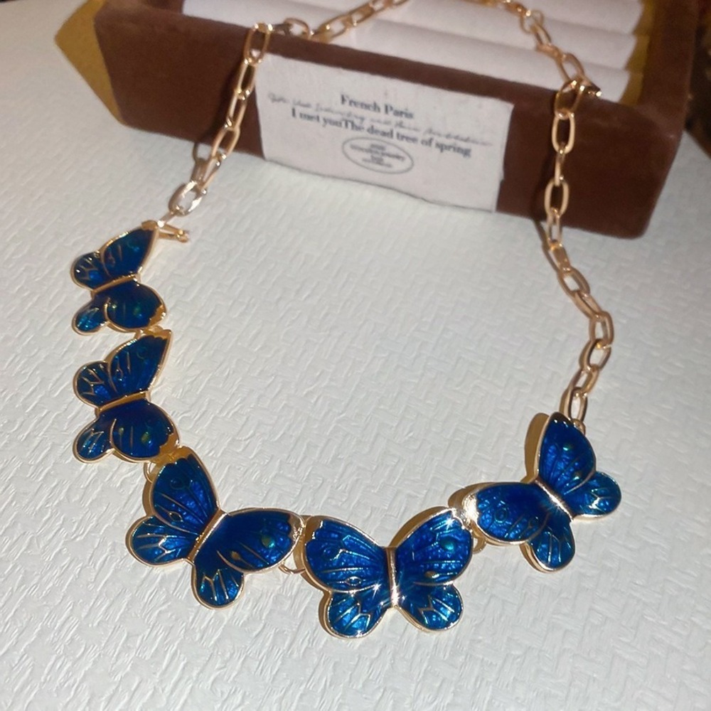 GlamBam Blue Enamel Butterfly Charm Necklace Gold Tone Fashion Jewelry - Picture 2 of 6